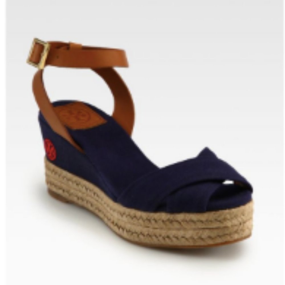 Tory Burch Blue Karissa Leather Espadrille Wedge